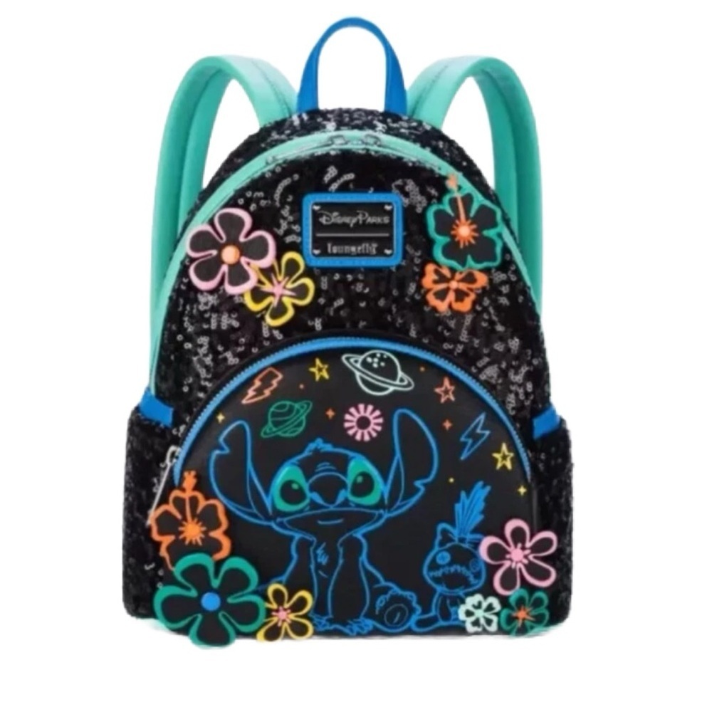 Loungefly Disney Parks Stitch 626 Day Black Neon Sequin Mini Backpack - NWT